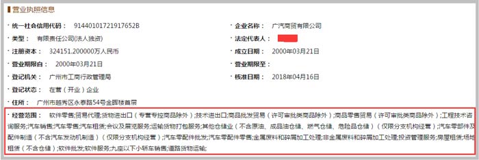 廣汽商貿(mào)公司營業(yè)范圍截圖