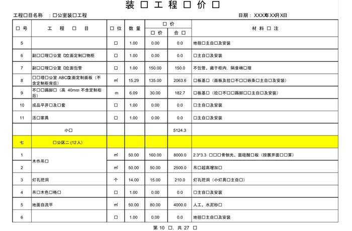 辦公室裝修費用預算表