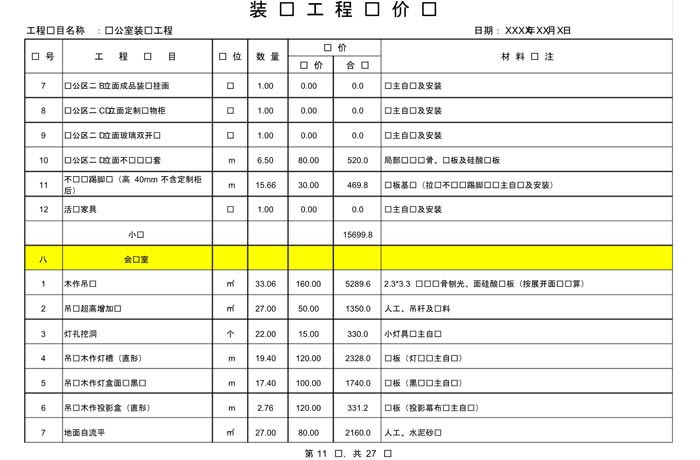 辦公室裝修費用預算表