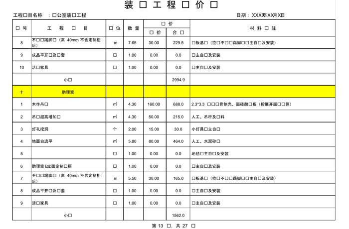 辦公室裝修費用預算表