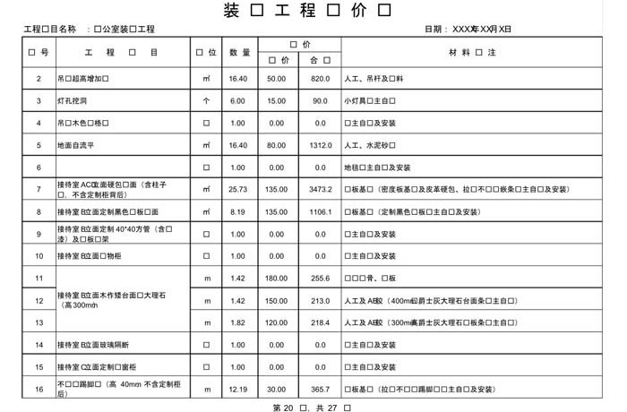 辦公室裝修費用預算表